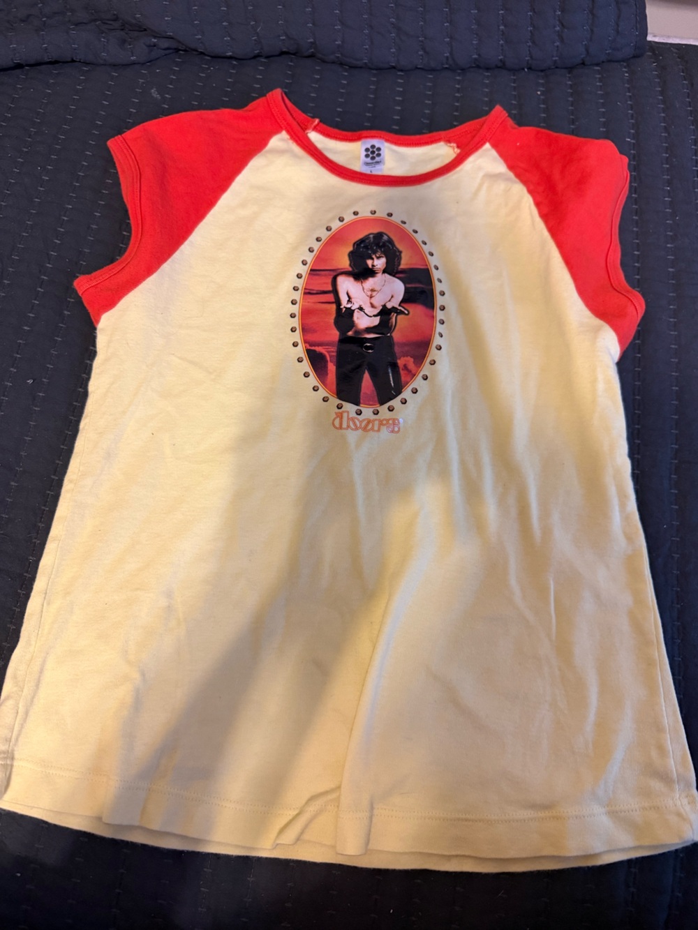 American Apparel Cream Tee with Red Ringer Sleeves and Oval Graphic
